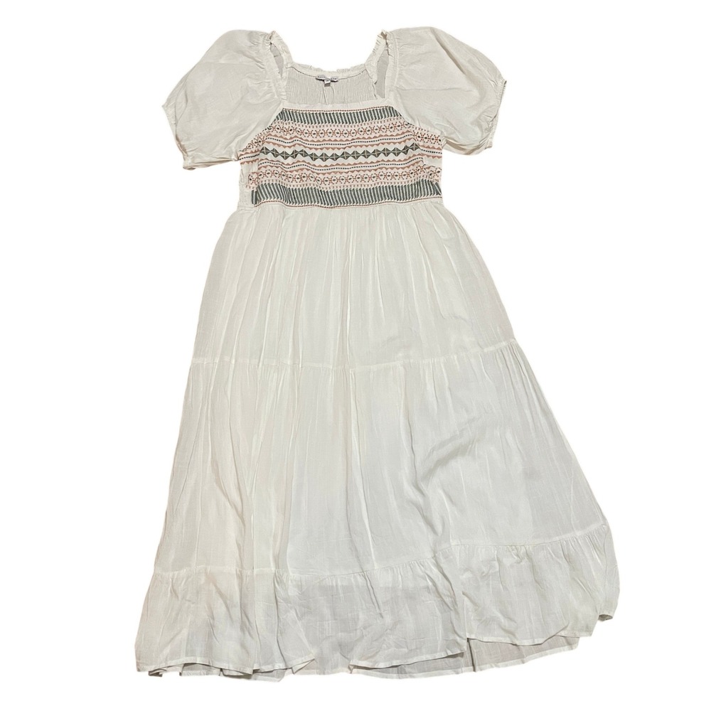 Baltic Born Smocked Embroidered Ivory Cottage Midi Dress XL Puff Sleeve NWT